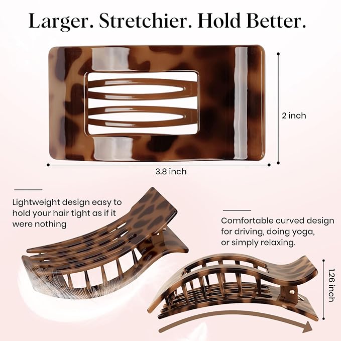 4 PCS Flat Hair Clips for Women Girls, French Square Lay Down Claw Clips for Thick Thin Hair, Comfortable Curved Large Flat Clip, Leopard Print Stylish Strong Hold Hair Accessories, Tortoise