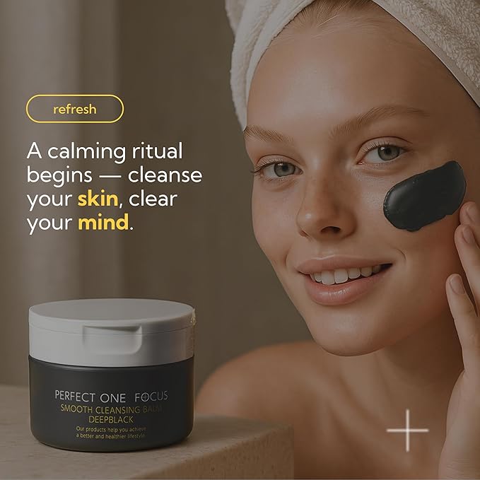 Perfect One Focus Smooth Cleansing Balm Deep Black–Makeup Remover Balm with Charcoal & Gold Vitamin C, Helps Clear Pore Clogs,Hydrating Ceramides,Gentle Face Cleanser,Waterproof Mascara Remover–2.64oz