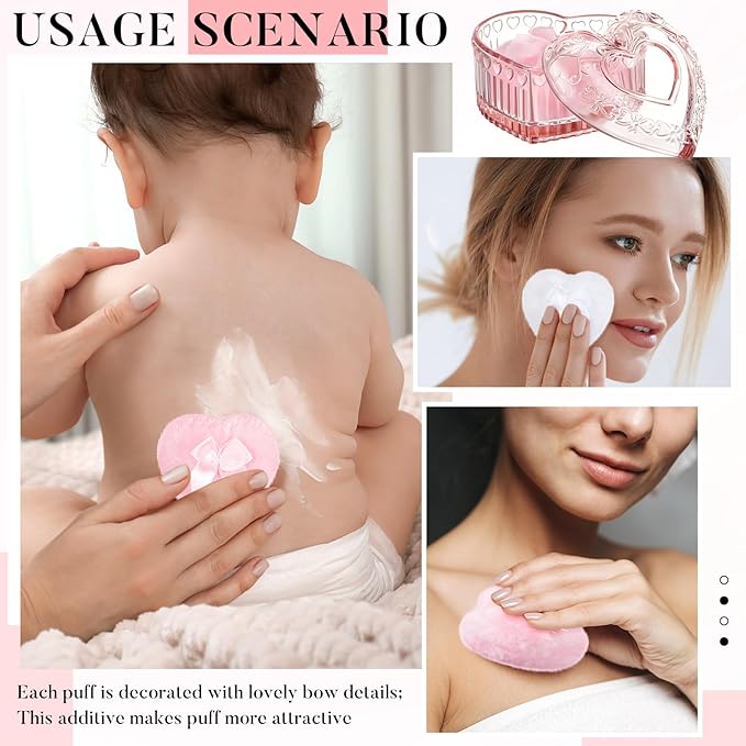 Tioncy 3 Pcs Large Body Powder Puff and Container Mother's Day Gift Powder Container with Puff Crystal Case Soft Washable Reusable Velour Face Body Glitter Wet Dry Makeup(Pink, Heart)