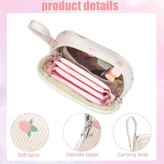 Small Makeup Bag | Discreet Period Bag Pad Pouch for Purse| Sanitary Napkin Storage & Tampon Holder for Travel(Cute strawberries pink)