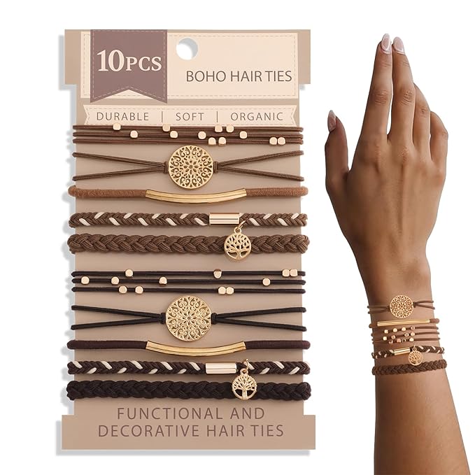 SYGY 10 PCS Boho Hair Ties, Bracelets for Thick & Thin Hair, 5 Styles No Damage, Dark Coffee Colors