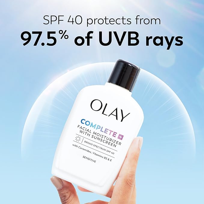 Olay Complete+ Face Moisturizer with Sunscreen SPF 40,For Sensitive Skin,Broad Spectrum Sun Protection,Fragrence-Free-No White Cast on All Tones,Nourishes Moisture Barrier-Ceramides,6 Oz,(Pack of 2)
