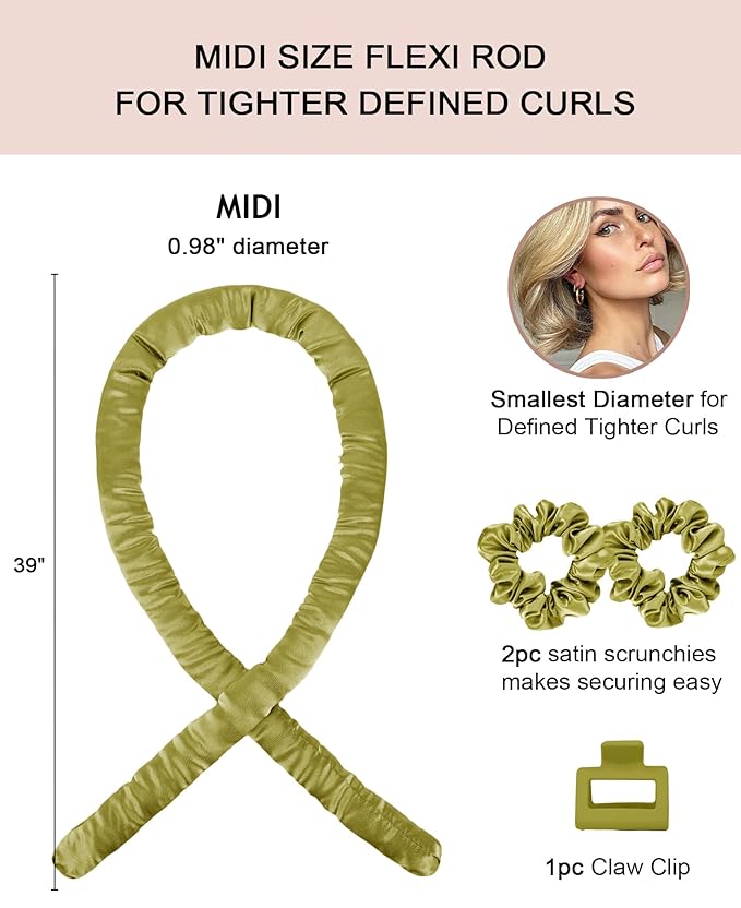Midi Heatless Curls Overnight Hair Curlers to Sleep In Small Hair Rollers for Short Medium Hair No Heat Overnight Curls, Soft Satin Flexi Rods Heatless Curling Rod Set Styling Tools for Women