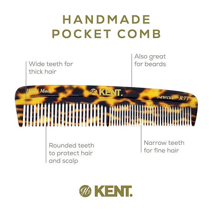 Kent R7T TY Fine and Wide Tooth Hair Comb, Handmade Pocket Comb for Men, Beard and Mustache Combs for Everyday Grooming and Styling, Sawcut Kent Combs, Made in England