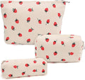 3 Pcs Makeup Bag Cosmetic Bag Set for Girls Women Travel Organizer Bathroom Toiletry Pouch Large Capacity Storage Bag (Strawberry Beige)