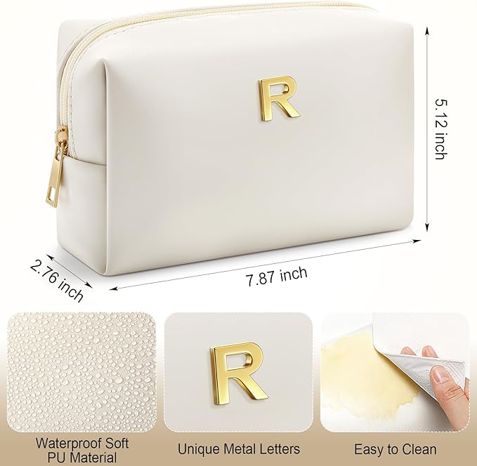 Kigeli Initial Makeup Bag for Women Beige Leather Easter Basket Gifts Monogram Cosmetic Bag Small Travel Toiletry Pouch Wedding Birthday Graduation Bridesmaid Gifts for Teen Girls Women Teachers(R)