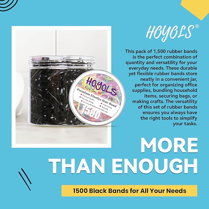 HOYOLS Black Elastic Hair Ties Rubber Bands Mini Polyband Soft Ponytail Holder for Kids Baby Girls TPU Pack 1500