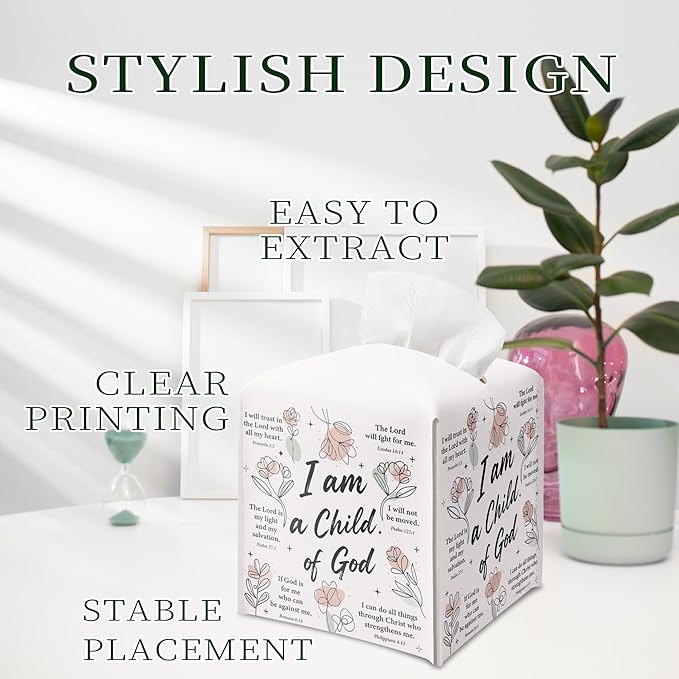 Inspirational Christian Tissue Box Cover Square, Religious Bible Verse Leather Tissue Box Holder, Religious Gifts for Women, Paper Facial Tissue Box Covers Cube for Office Bathroom Home