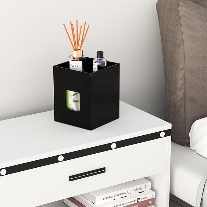 Black Acrylic Tissue Box Cover with Storage Tray ,Square Acrylic Tissue Box Holder Napkin Dispenser for Bathroom Kitchen Home Office (Black, 5.5x5.5x6.7)