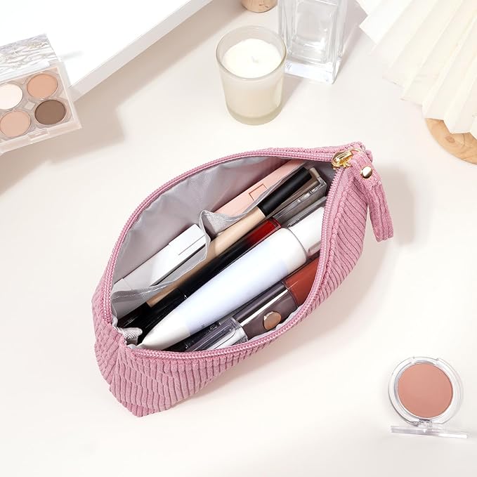 MAGEFY Small Makeup Bag, Corduroy Small Pouches for Purse Cosmetic Bag Makeup Pouches for Key Pocket Lipstick Bag Card Holder Data Cable Organizer(Pink,Small)