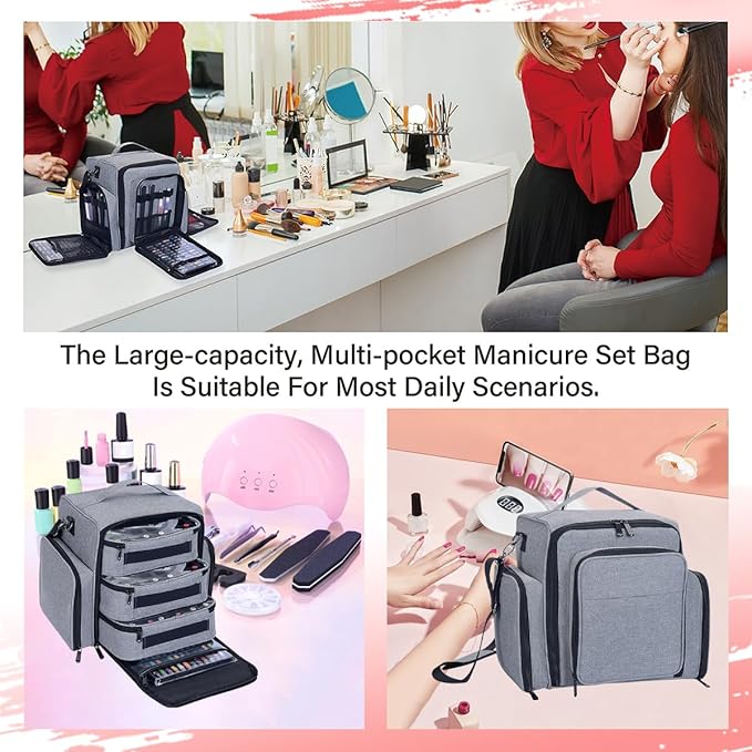 Nail Polish Organizer Storage Box, Holds 90 Bottles of Nail Polish, Portable Travel Case with 3 Separate Storage Bags, Can Be Used for Nail Art Supplies, Manicurists, etc Grey