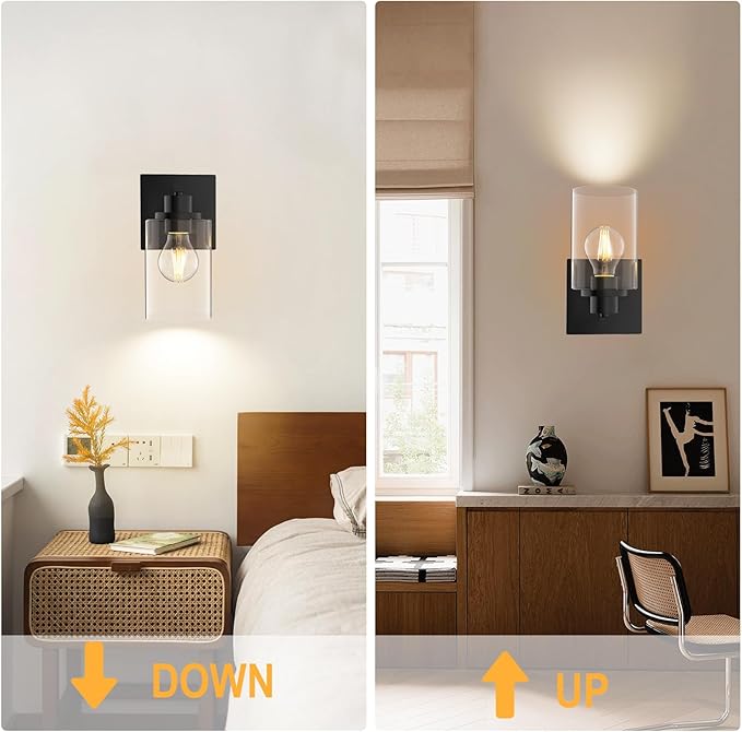 Wall Sconces Set of 2 Matte Black Vanity Lights for Bathroom, Modern Wall Light Fixtures Sconce Lights Indoor with Clear Glass Farmhouse Wall Mount Lamp for Bedroom Mirror Living Room Hallway E26 Base