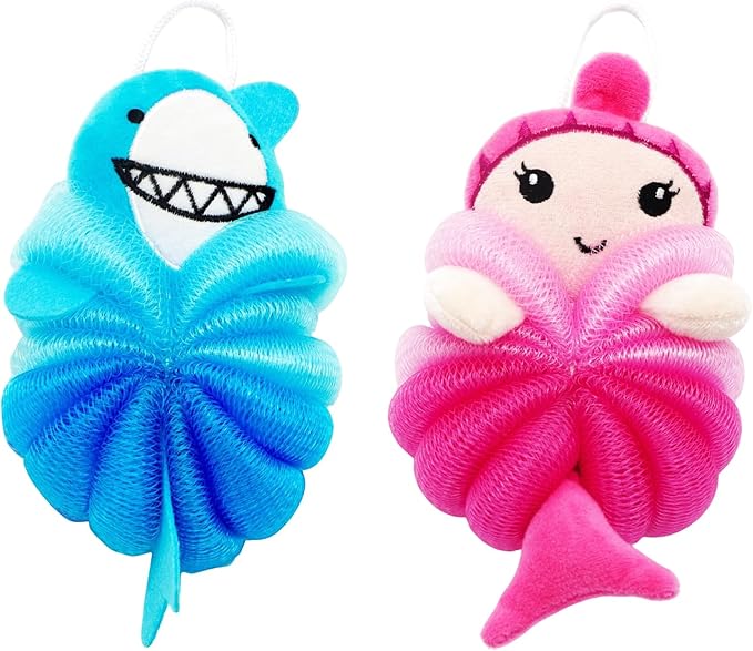 Bath Loofahs,Ttdesefu Kids Toddler Body Sponge Cute Cartoon Kids Loofah,Bath Sponge Shower Puff Soft Loofah Sponge Pouf Exfoliating Mesh Shower Ball (Animal，2 Pcs) (Dark Pink,Blue)