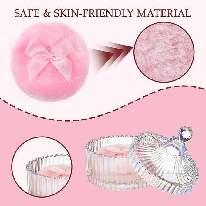 5 Pcs Extra Large Body Powder Puff and Container Set – 5.43" Oversize Crystal Powder Container | 3.54" Ultra-Soft Velour Puff, Washable & Reusable, Ideal for Face/Body Glitter & Wet/Dry Makeup