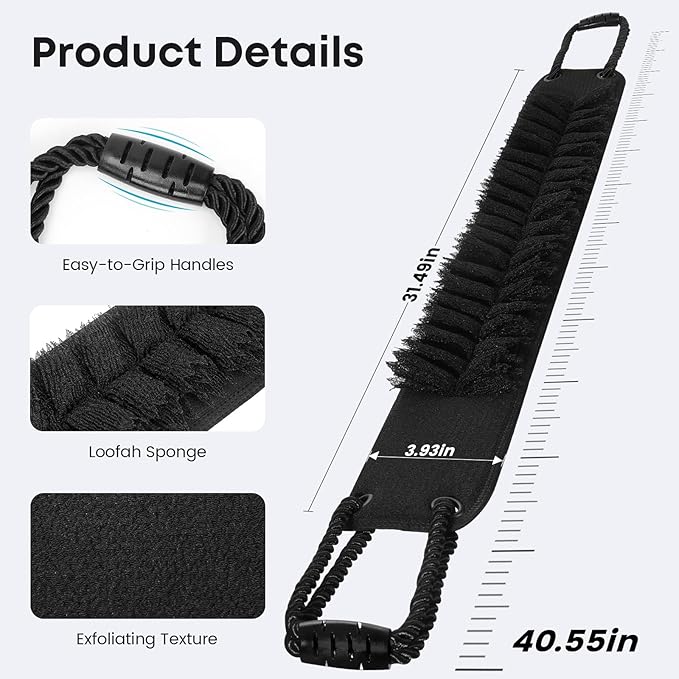 Back Scrubber with Handles for Shower, 40 Inches Dual-Sided Back Washer with Exfoliating Texture and Loofah for Men, Women and Elderly, Bath Back Exfoliator Body Cleaner for Deep Cleansing