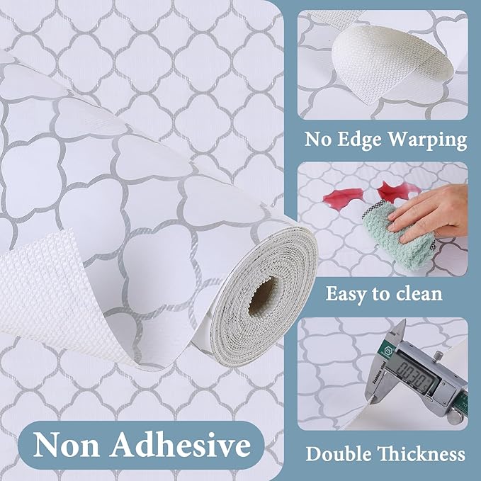 Shelf Liners for Kitchen Cabinets 12in x 30FT Non Adhesive Drawer Liner Silver Quatrefoil Shelf Liner Paper Strong Non-Slip Easy to Clean for Tool Box Refrigerator with Knife and Tape Measure