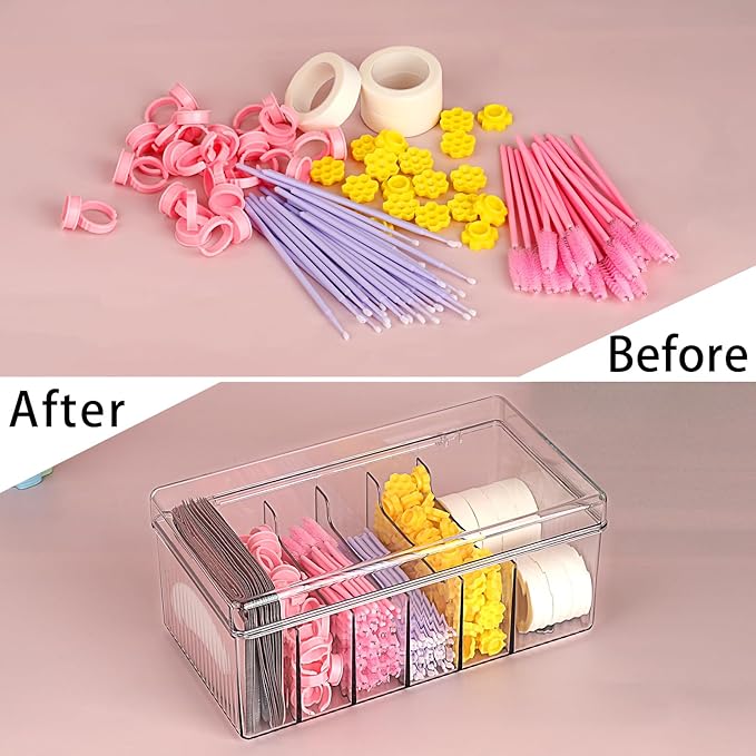 ELLDOO Lash Cart Organizer For Lash Techs, Acrylic Lashes Extension Box, Large Capacity False Eyelash Supplies Organizer Storage Box, Separated Lashes Supplies Container with Lid