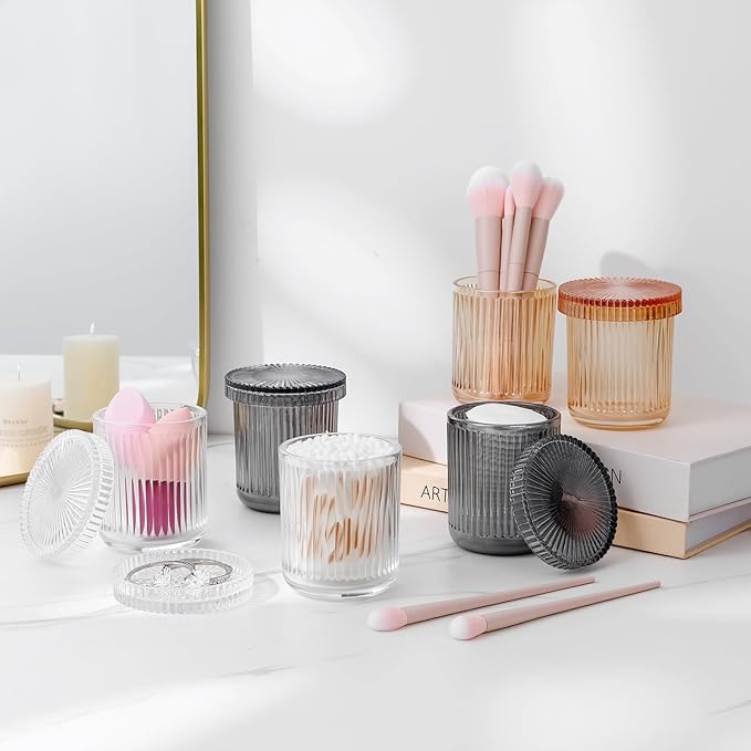 rejomiik Glass Qtip Holder Dispenser 2 Pack, Bathroom Canister Apothecary Jars with Lids, Vanity Makeup Accessories Storage Organizer for Cotton Swabs, Cotton Balls, Pads, Floss Picks, Clear
