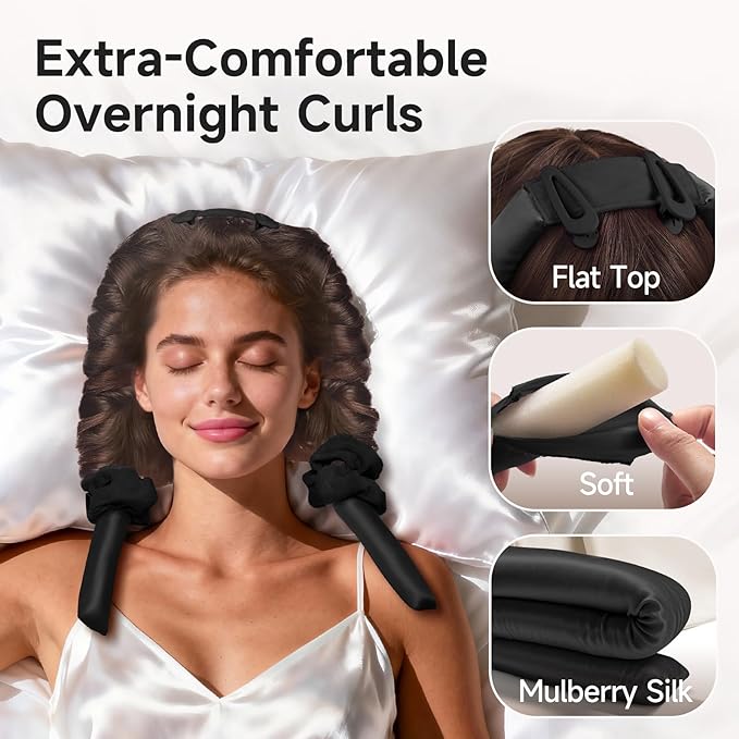 Umisleep 22 Momme Mulberry Silk Heatless Curls Overnight, Heatless Hair Curler to Sleep In, for Women Long Hair, Hair Care Roller Gift Set, Upgraded Soft with Clips & Scrunchies, Black
