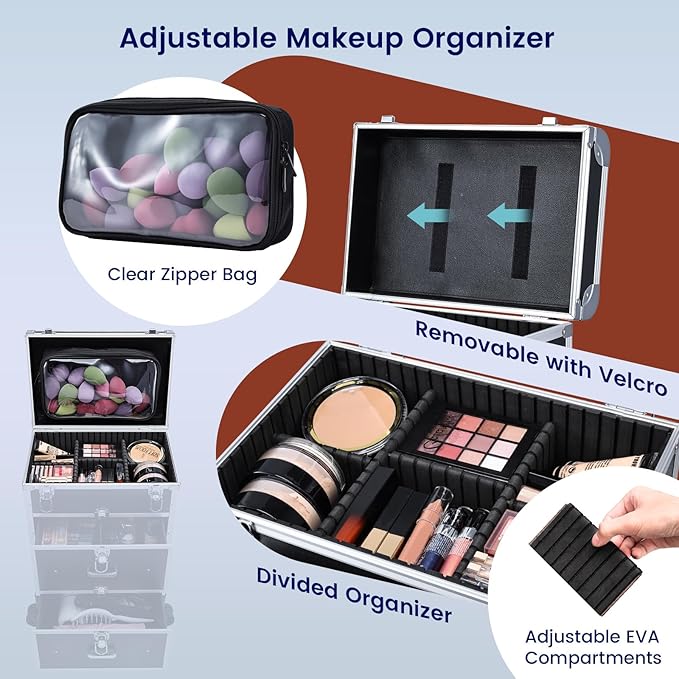 Adazzo Professional Rolling Makeup Train Case with Drawers, Large Cosmetic Trolley with Locks, Cosmetics Storage Organizer Make up Case for Travel Makeup/Nail Art/Hair Styling, Matte Black