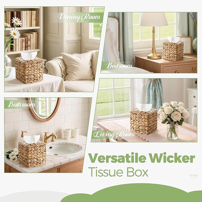 2 Pack Rattan Tissue Box Cover Square, Wicker Tissue Box Holder Facial Tissues Boxes, Hand Woven Square Tissue Box Cover Tissue Holder for Bathroom, Natural