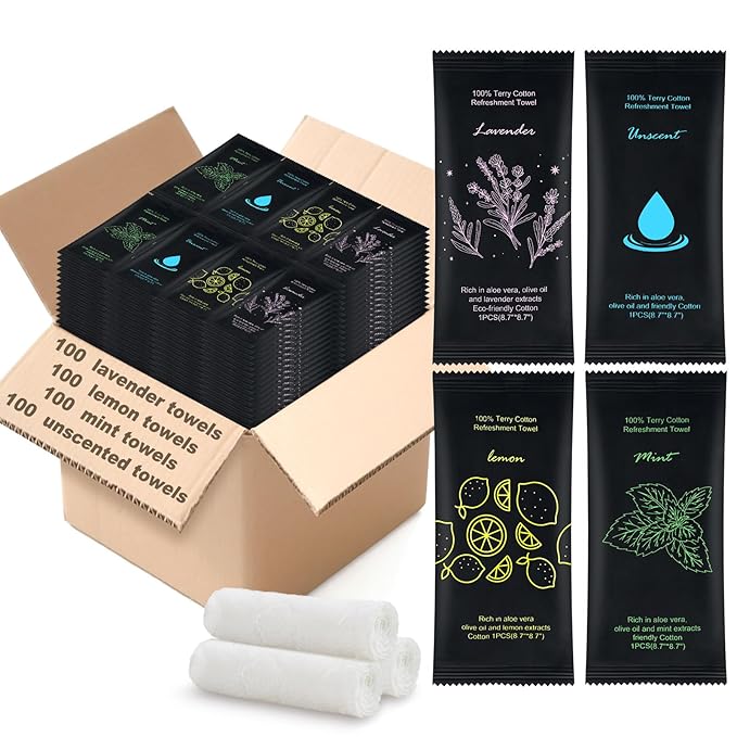 Moist Cotton Towel Bulk Moist Towelettes Individually Wrapped 8.7" x 8.7",White Towel Services,Refreshment Pre Moistened Towels Lavender Lemon,Mint and Unscented for Sport Party Spa (pack of 400)