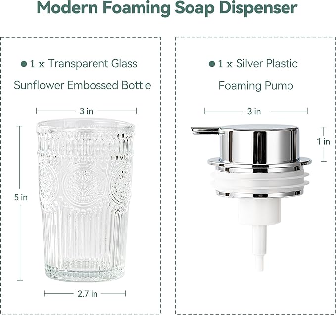 Glass Foaming Soap Dispenser Set - 2 Pack Foam Hand Soap Dispenser for Bathroom, Clear Hand Wash Dispenser Bottle with Silver Pump for Kitchen, 10 Oz Refillable Dish Liquid Foam Dispenser 2 Pcs