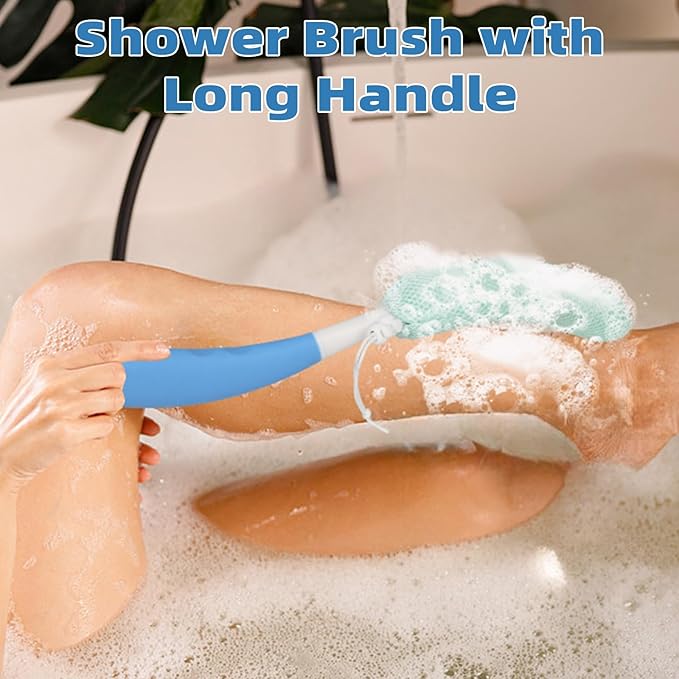 Shower Body Brush Skin Exfoliating Curved Back Scrub Brush Massage Bath Brush Extra Large Curved Handle European and American Hand-Shaped Removable Bold Long Handle Back Washer (Black-White)