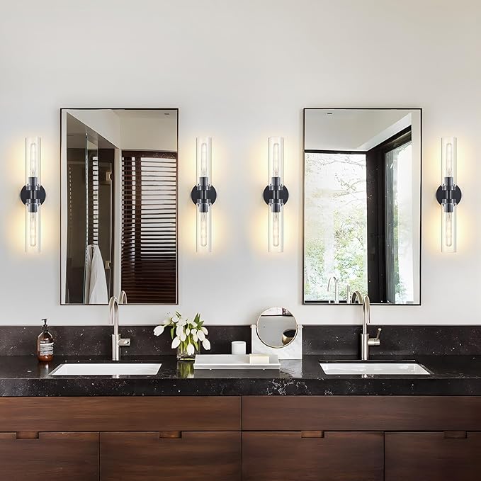 2 Light Bathroom Wall Sconce Set of 2,Modern Farmhouse Black Bathroom Light Fixture Over Mirror with Clear Glass Shade,Bathroom Vanity Light for Hallway Cabinet Bedroom Stairway Porch