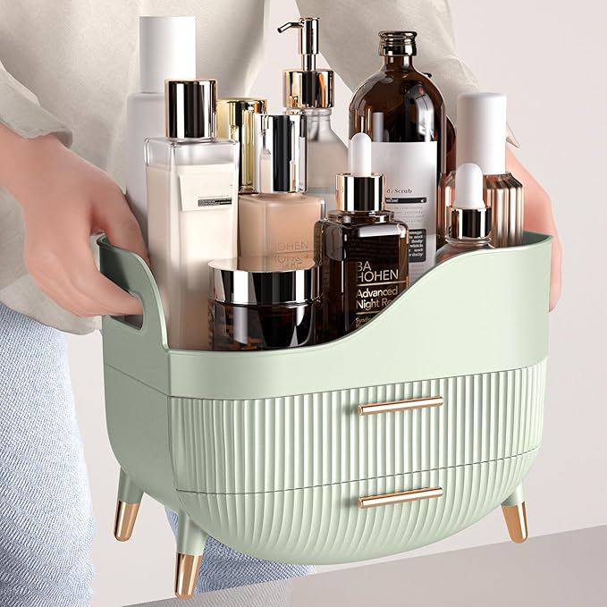 Makeup Organizer with Drawers, Green Skincare Organizer for Vanity, Storage Box with Handle, Large Cosmetic Display Case for Dresser, Bathroom Countertop
