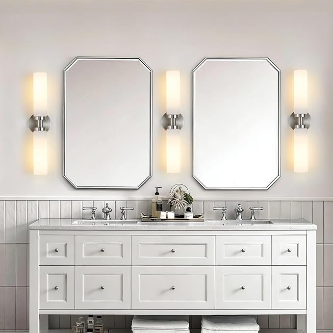 2 Light Brushed Nickel Bathroom Light Fixture Over Mirror, Modern Farmhouse Bathroom Vanity Light with Milky White Frosted Glass Shade, Wall Sconce for Hallway Cabinet Bedroom Porch