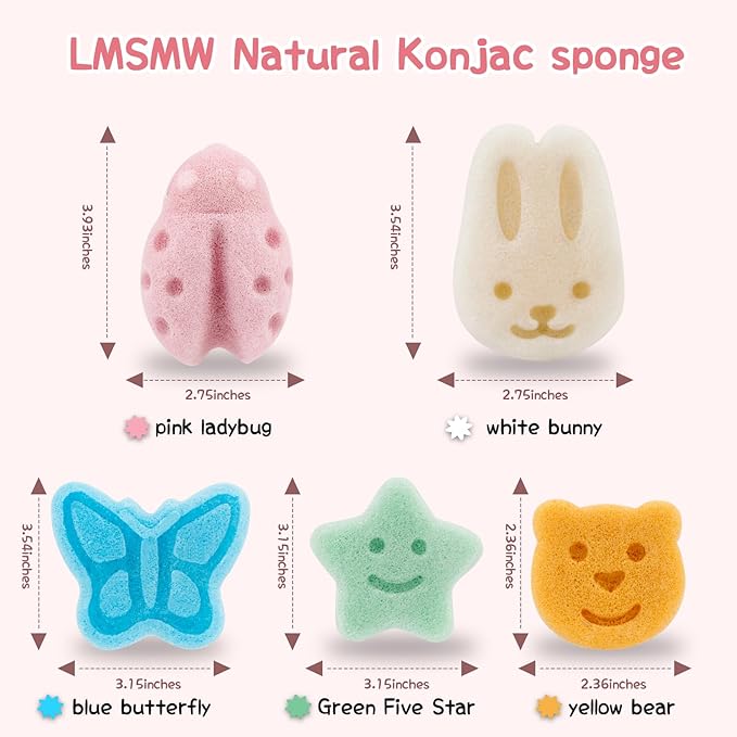 Konjac Baby Sponge Set for Bathing - Natural Soft Bath Sponges for Infants Newborns Toddlers with Cute Cartoon Shapes Safe Organic Kids Baby Bath Loofahs Ideal for Toddler Bath Time (5pcs)