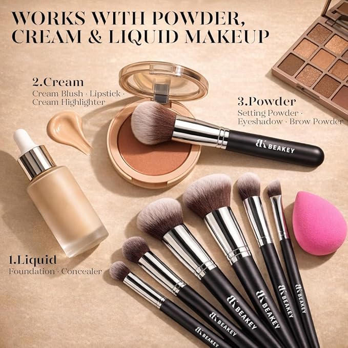 BEAKEY Makeup Brushes Sets, Brush Sets with Makeup Sponges (10+2pcs, with Black Case)