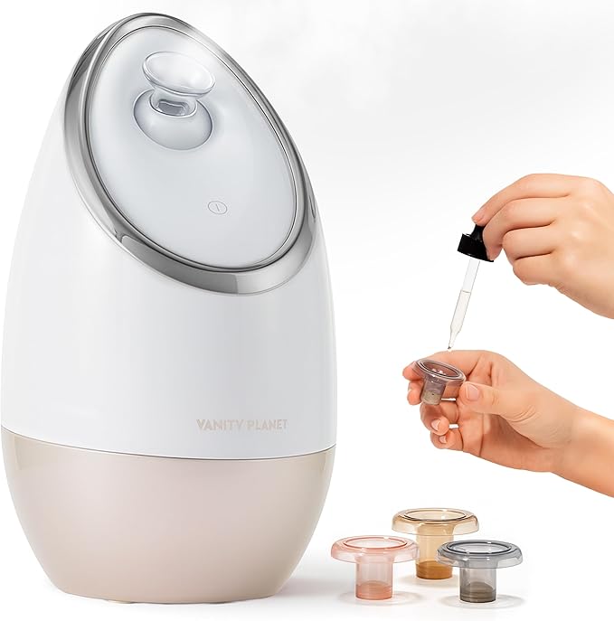 Vanity Planet Aira Ionic Facial Steamer (Beige) - Pore Cleaner That Detoxifies, Cleanses and Moisturizes - Adjustable Nozzle, Water Tank with 3 Essential Oil Baskets