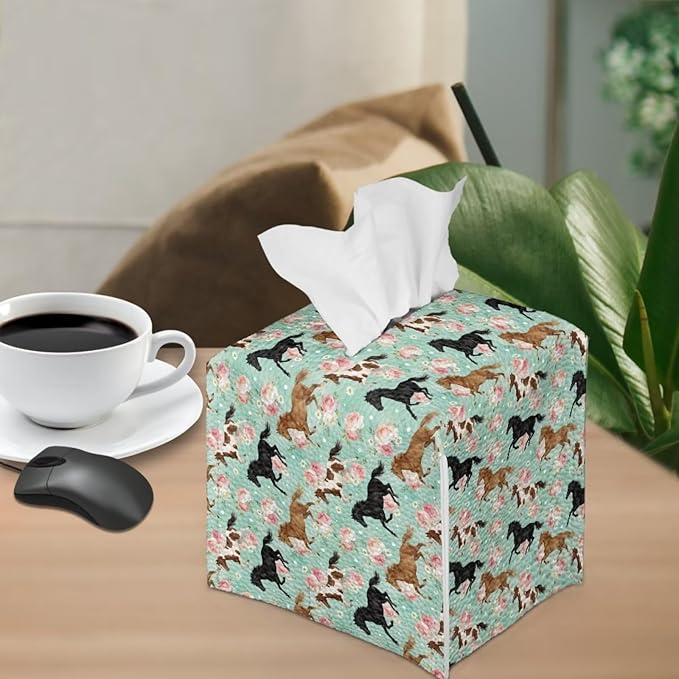 Horses Modern Tissue Box Holder, Waterproof Square PU Leather Napkin Case with Metal Button Closure, Decorative Tissue Cover Organizer for Vanity, Desk, Car, and Living Room