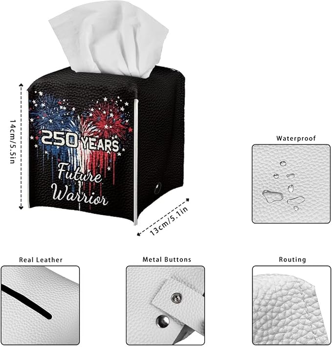 250 Years Liberty Tissue Box Holder Square PU Leather Tissue Organizer Case with Metal Button Waterproof Napkin Holder for Home Office Car Automotive Decor