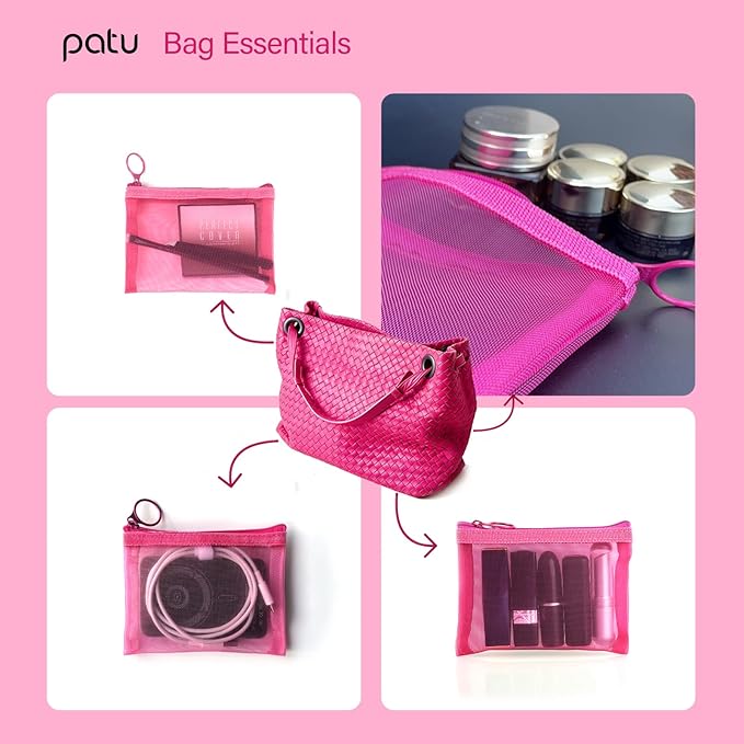 patu Zipper Mesh Bags, Pack of 5 (XS/S/M/L & Long Pouch), Beauty Makeup Cosmetic Accessories Organizer, Travel Toiletry Kit Set Storage Case, Pink