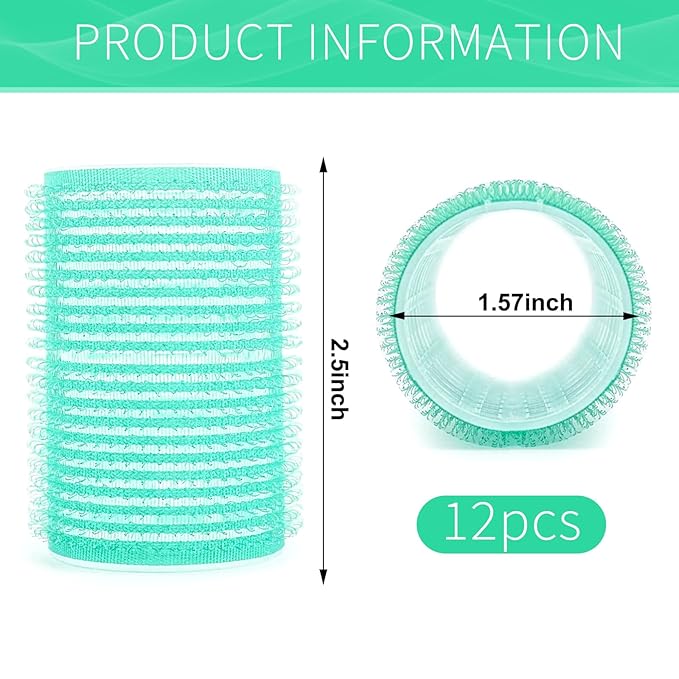 Hair Rollers, 12 Pack Self Grip Salon Hairdressing Curlers, DIY Curly Hairstyle, Large Rollers 1.57In Green
