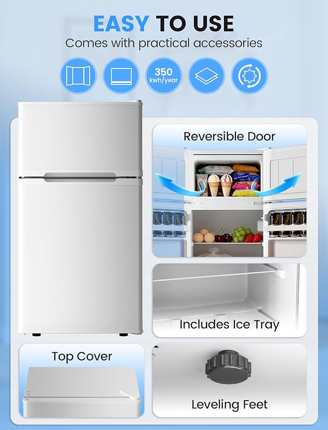 COWSAR 2.5 Cu.Ft Dorm Fridge with Freezer, Double Reversible Door Compact Refrigerator with 2 Removable Shelves, Commercial Drink Fridge for Bedroom, Office, Kitchen, Dorm, White