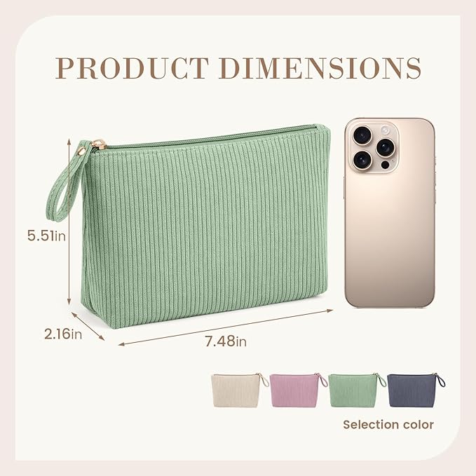 MAGEFY Small Makeup Bag, Corduroy Small Pouches for Purse Cosmetic Bag Makeup Pouches for Key Pocket Lipstick Bag Card Holder Data Cable Organizer(Green,Small)