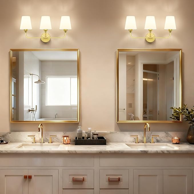 Bathroom Vanity Light, Brushed Gold Bathroom Light Fixtures, 3-Light Lighting Fixtures Over Mirror, Modern Wall Sconce with Flared White Fabric Shade, E26 Socket(ETL Listed)