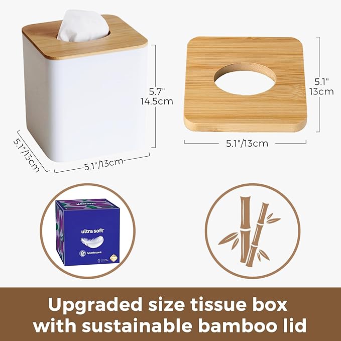 White Tissue Box Cover, Square Tissue Box Holder with Bamboo Cover Plate, Cube Tissue Box Cover for Desk Accessories, Decorative Tissue Box Tissue Holder for Bathroom Office