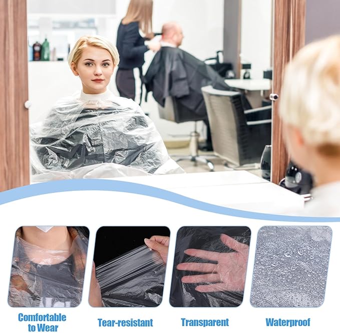 100 Pcs Disposable Hair Cutting Capes Waterproof Barbershop Hair Salon Cape Plastic Dye Coloring Apron Shawl Hairstylist Clear Barber Shampoo Cape (47 x 36 Inch)