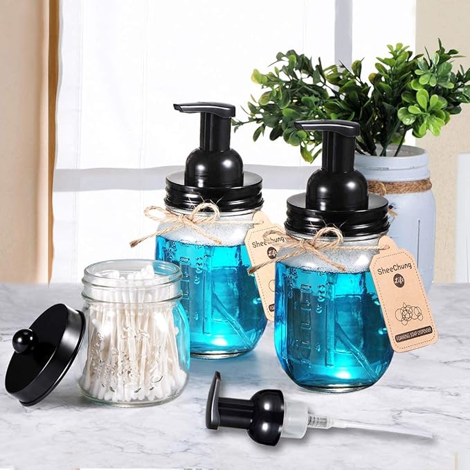 Amolliar Mason Jar Foaming Soap Dispenser Pump Lids, Foaming Pump Replacement Kit for Pint Regular Mouth Mason Jar, Refill Hand Soap, Waterproof Stickers, Kitchen Bathroom Farmhouse Decor, Black 6Pack