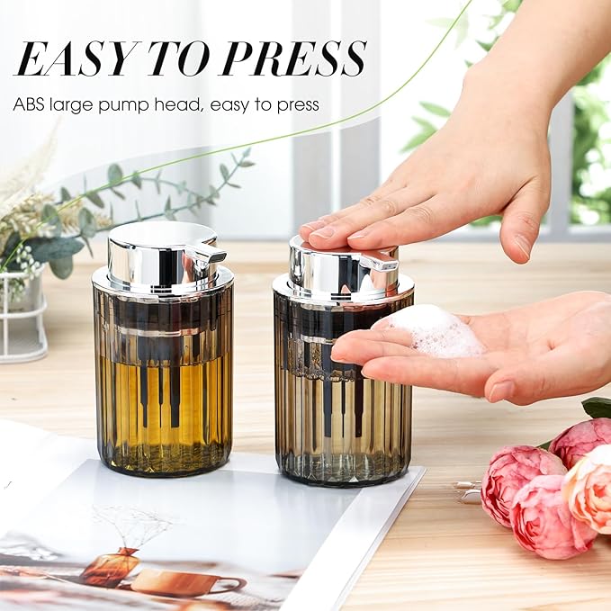 2 Pcs Refillable Gray Foaming Hand Soap Dispenser 10 oz Plastic Dispenser Pump Lotion Foaming with Silver Pump for Bathroom Vanities Kitchen