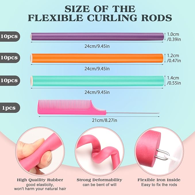 AIDUCHO Heatless Hair Curler Set - 30 Flexible Overnight Blowout Rods, Soft Rollers for Long Hair (Small Size)