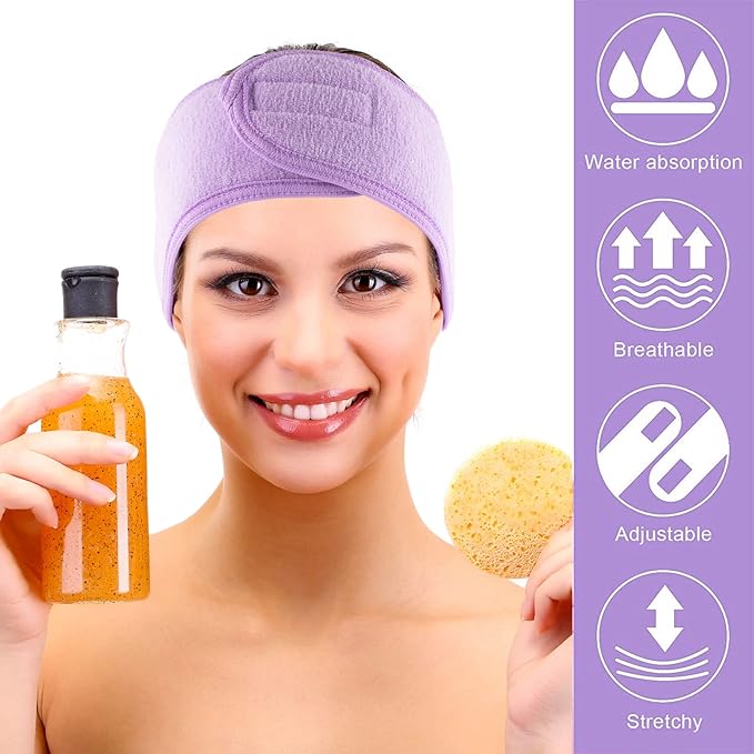 Whaline Spa Facial Headband 4 Packs Head Wrap Terry Cloth Headband Adjustable Stretch Towel for Bath, Makeup and Sport (Light Purple)