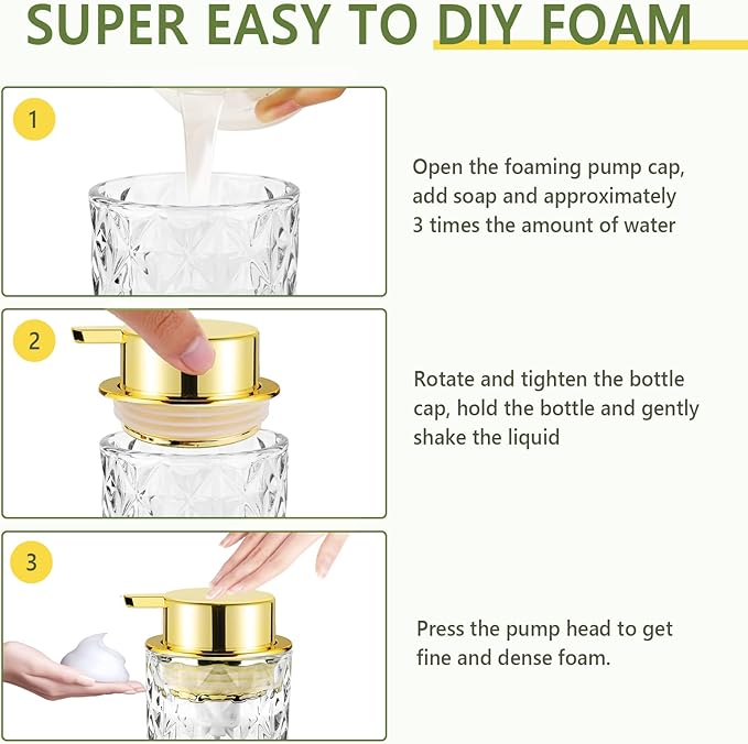 Glass Foaming Soap Dispenser Refillable Foaming Hand Soap Dispenser with Gold Large Pump Wide Opening for Bathroom Kitchen Countertop Modern Home Decor with Elegant Pattern - Clear