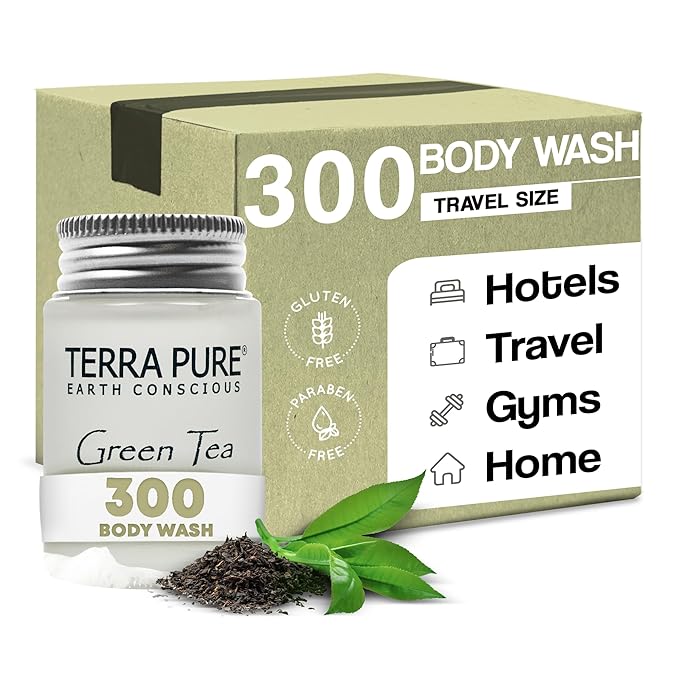 Terra Pure Travel Size Hotel Body Wash 300 Count 1 oz Bottles Guest Amenities for Hotels Vacation Rentals and Short Term Rentals Paraben Free Green Tea Scent Infused with Aloe and Olive Oil