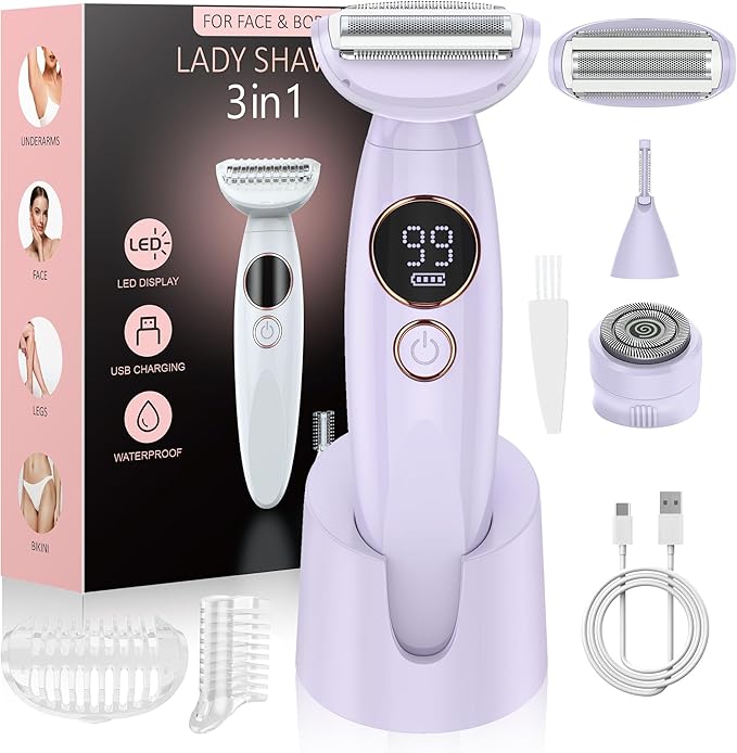 3 in 1 Bikini Trimmer for Women, Electric Razors for Women with Display, Painless Bikini Trimmer, USB Charging, Electric Shaver for Woman,Shaver for Woman for Face, IPX7 Waterproof,Light Lilac